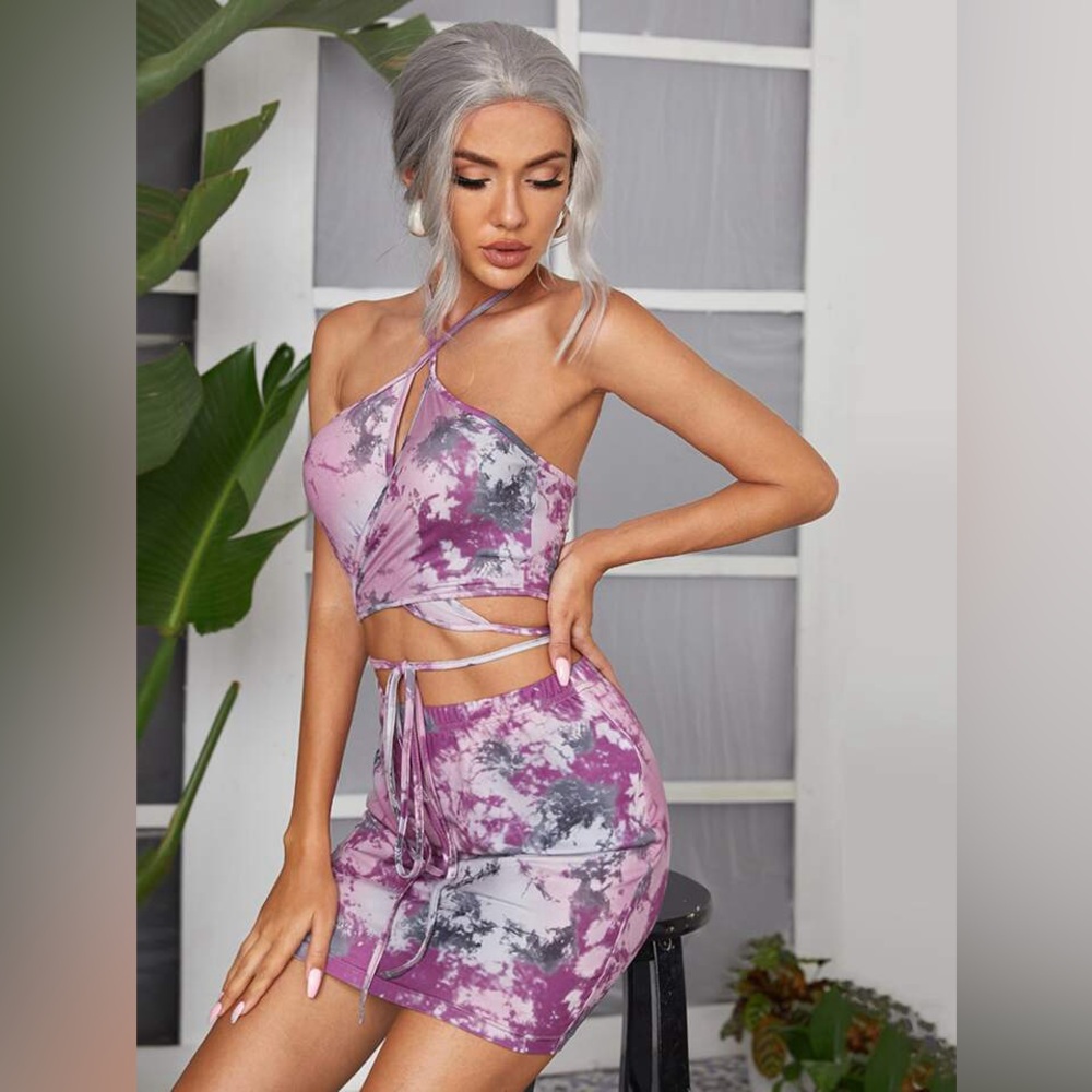 Purple Lace Up Tie Dye Halter Top and Skirt